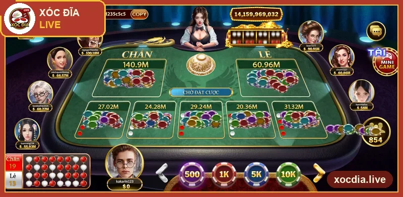Xóc đĩa game đồ họa trên Hitclub: bàn nỉ xanh, dealer và người chơi dạng hoạt hình